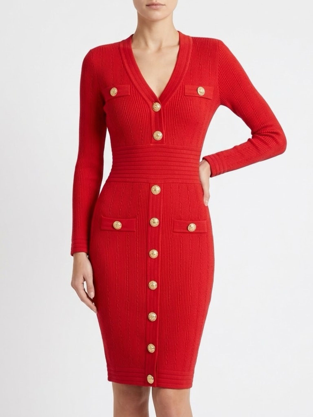 Women Red Buttoned Long-Sleeve Pointelle Knit Mini Dress Size s 10% Wool
